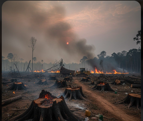 Cleared land with smoldering stumps and smoke from deforestation before restoration